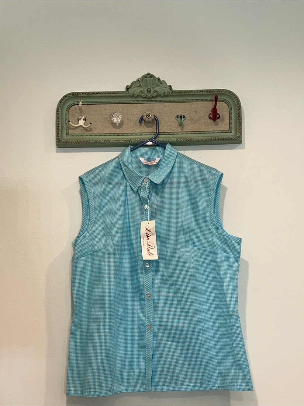 Vintage Lisa Dale Sleeveless Button-Front Top Light Aqua blue Gingham new 40 XL